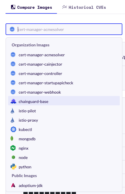 Screenshot showing the image selection drop-down menu in the Reports page.